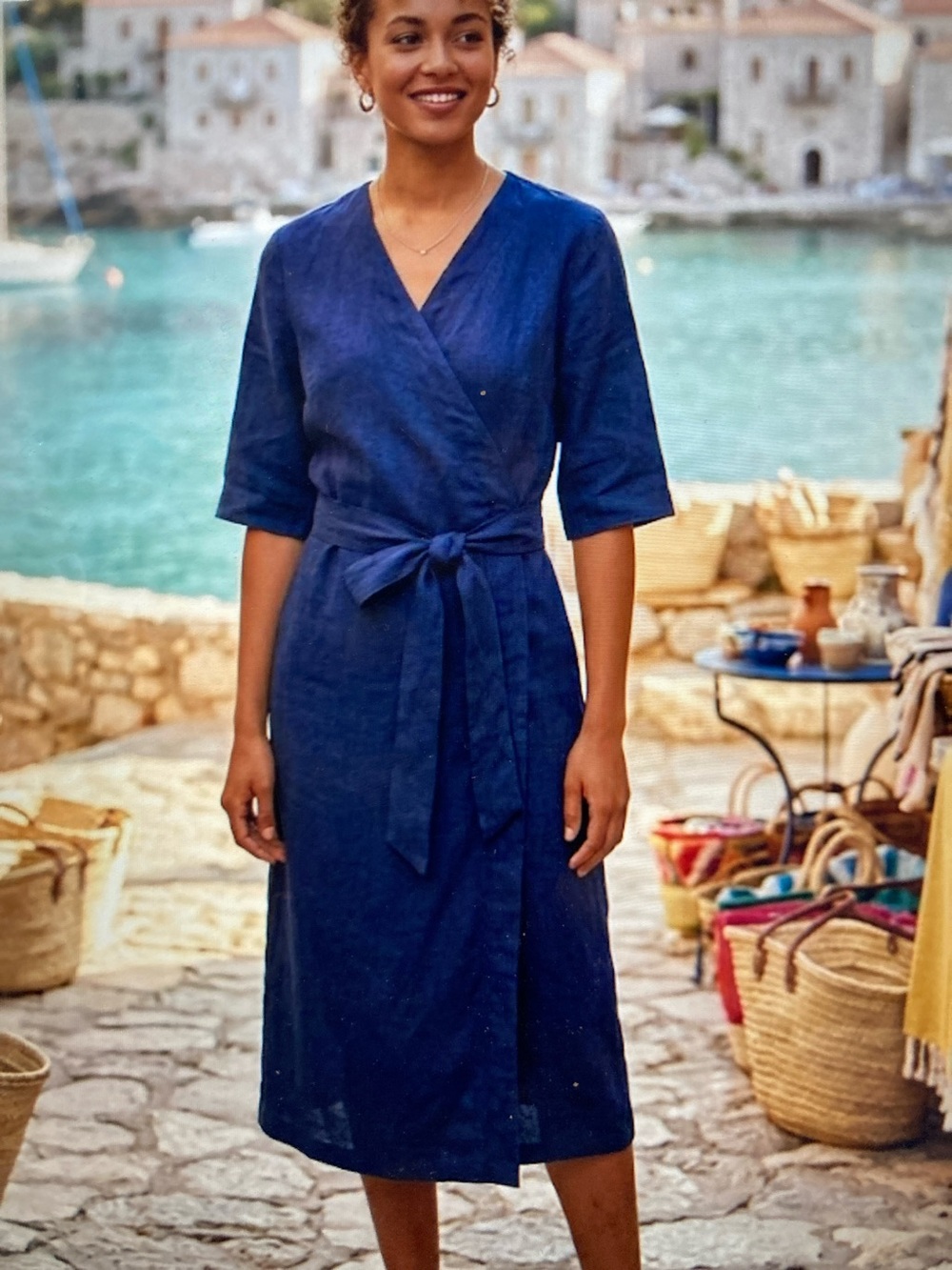 Grae Cove 100% Linen Wrap Midi Dress in Navy